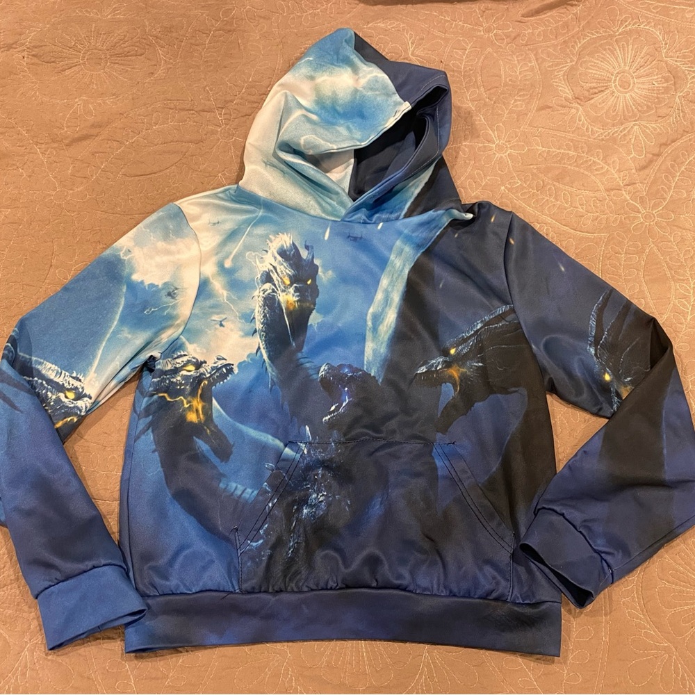Kids  dragon hoodie, mythical creature shards of blue size 10